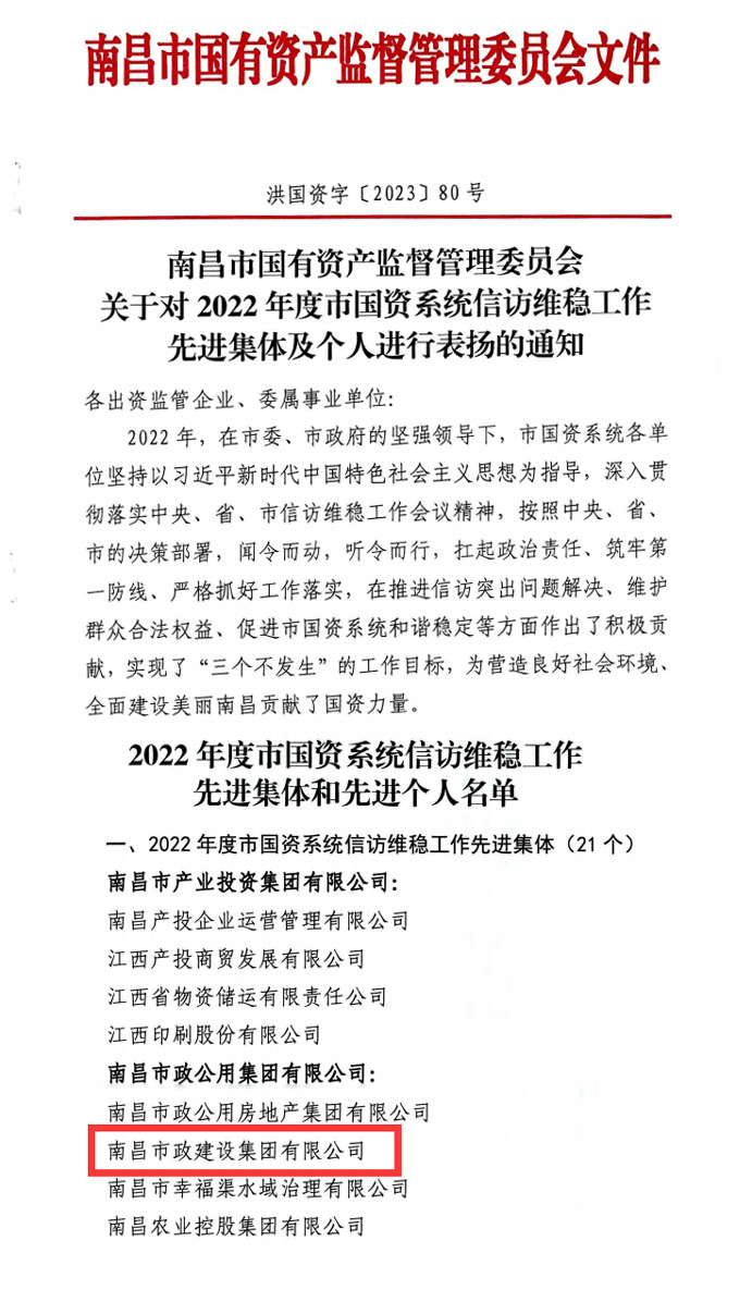 公司榮獲2022年度市國資委系統信訪維穩工作先進集體